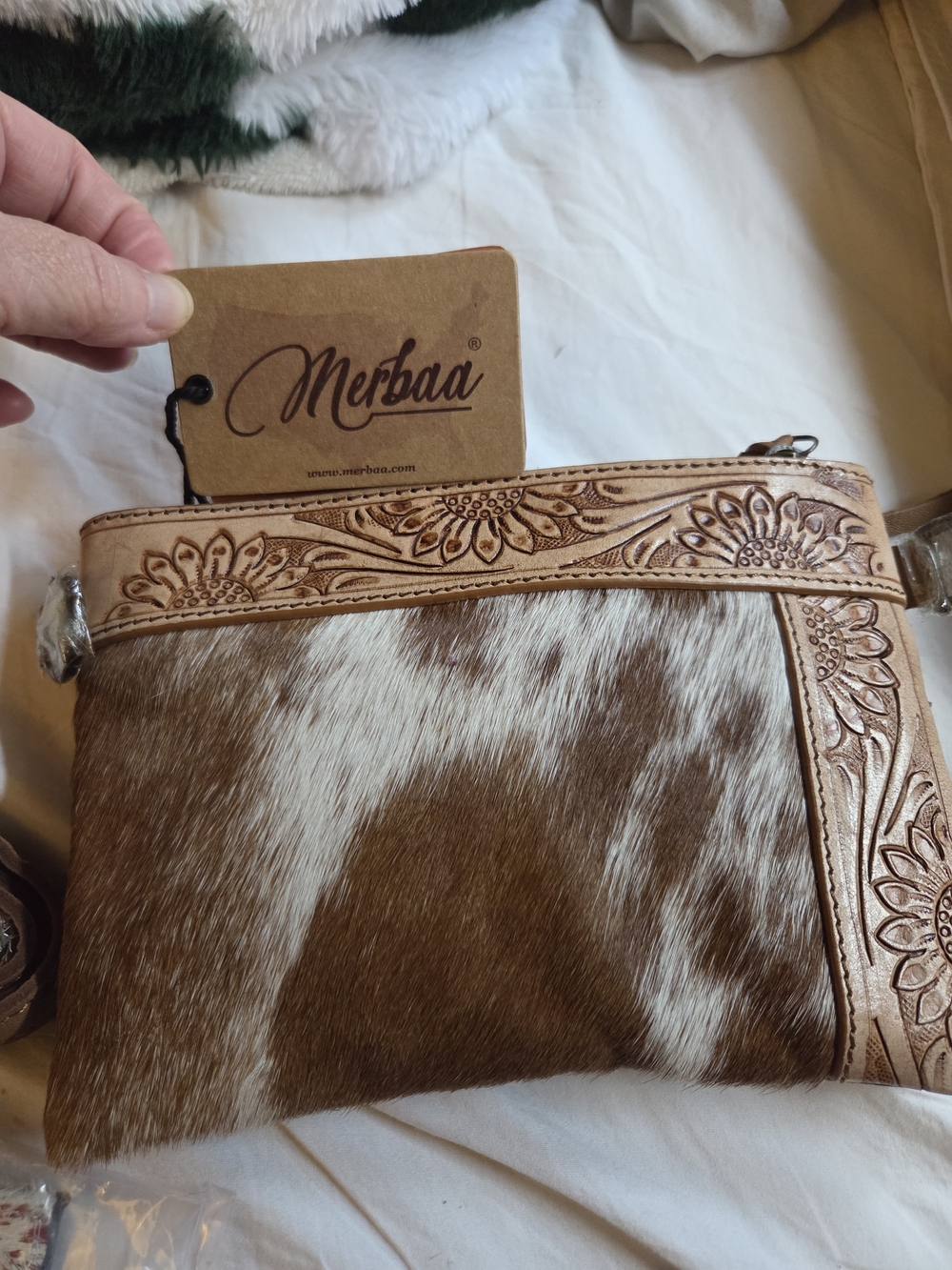 Merbaa Tooled Leather & Hair-on Hide Crossbody - Brown & White